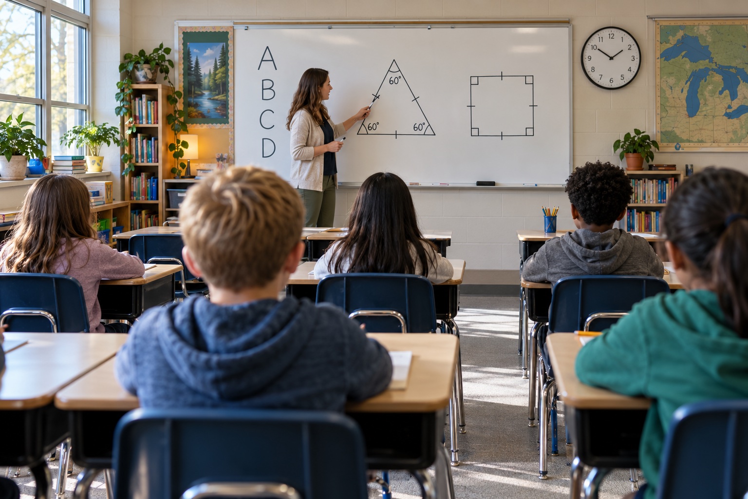 Classroom viewed from a student desk, with a teacher and whiteboard in the distance