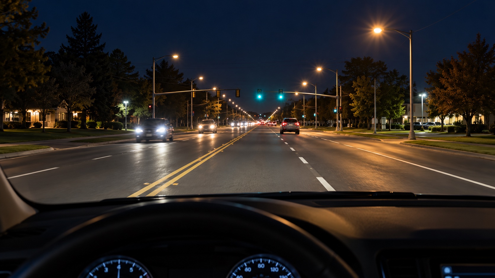 Driver’s view of streetlights and traffic at night