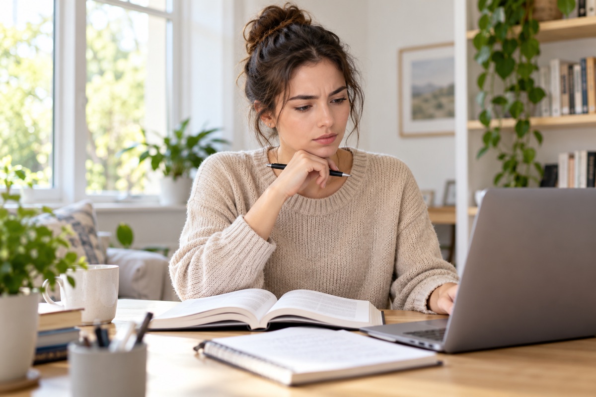 Young adult working between a book and laptop