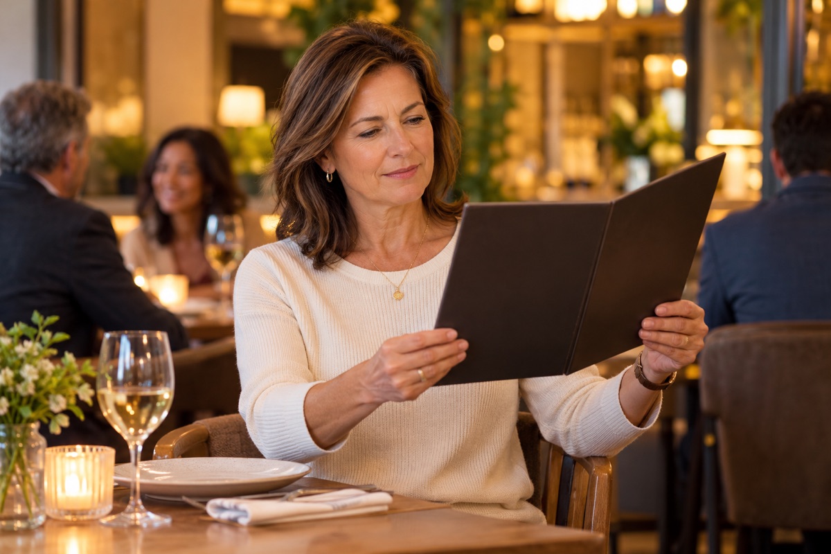 Adult holding a restaurant menu farther away to read