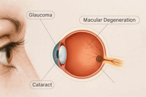 some diseases, glaucoma, macular degeneration and cataracts, in the eye and how they look.